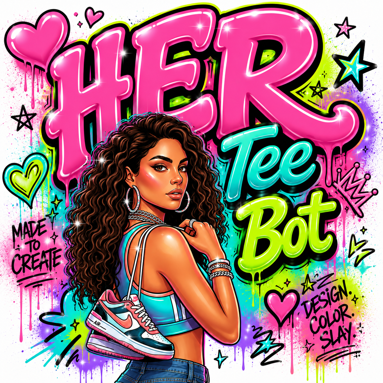 HER Tee Bot graffiti artwork with bold airbrush lettering and creator styling.