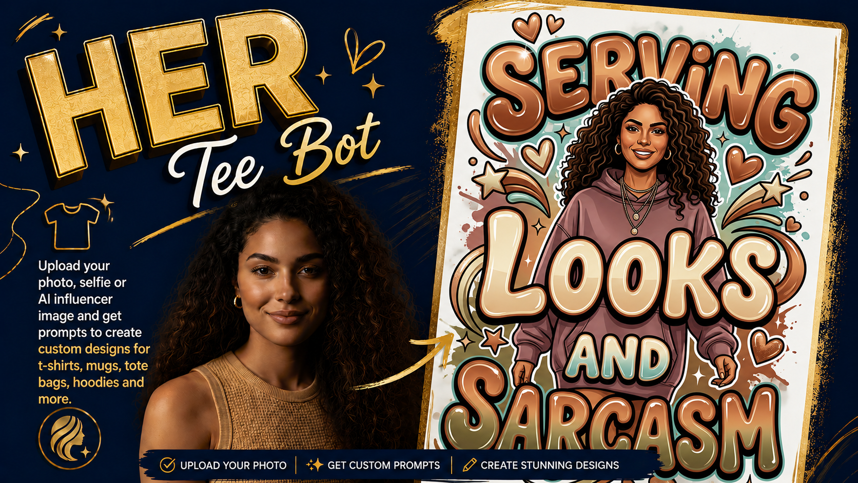 HER Tee Bot hero artwork showing a creator photo transformed into a bold merch design.