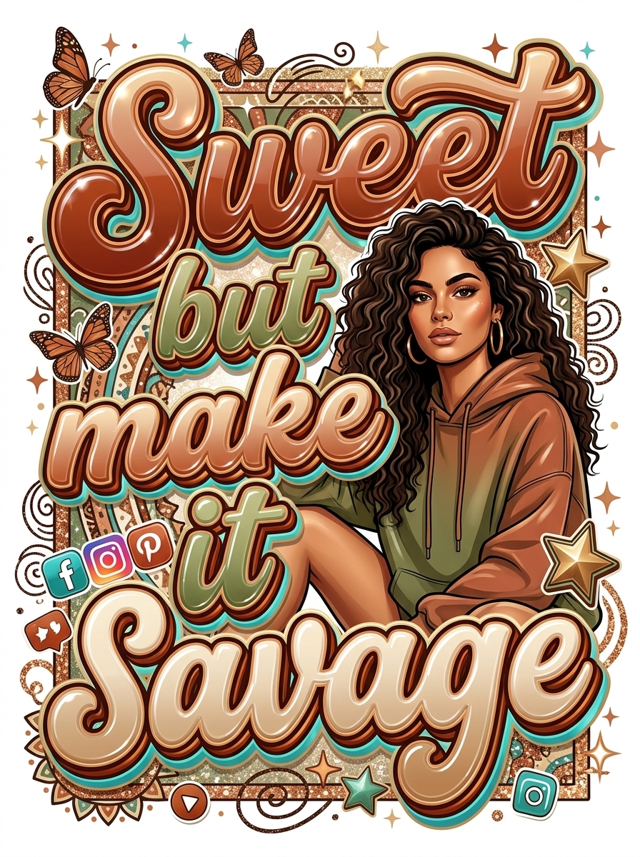 Example social-savvy merch design with layered typography and creator styling.